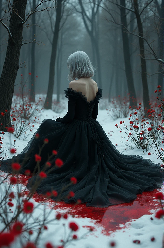 One woman sitting in dark winter forest on the snow alone surrounded by red Daphne Odora flowers, snow covered in blood, woman has light grey hair and a big black fancy dress