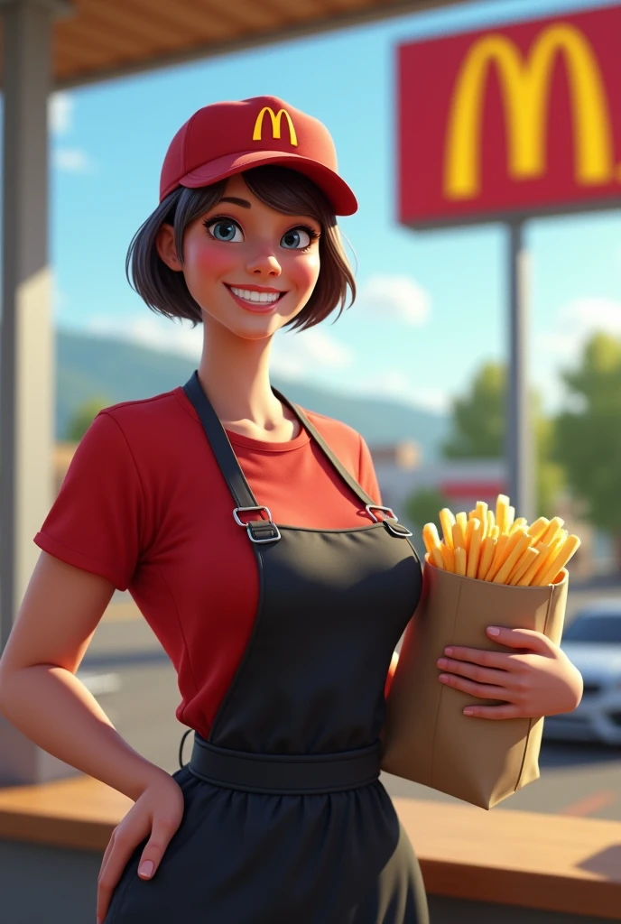Context: A sunny day at the McDonald's drive-thru.
Character: A 50-year-old woman with short-cropped brown hair. She has a generous bust and wears the iconic McDonald's uniform, a red t-shirt and black apron, with a McDonald's cap.
Action: She holds a bag full of orders outwards, with a big smile on her face.
Style: Realistic, photo-realistic.