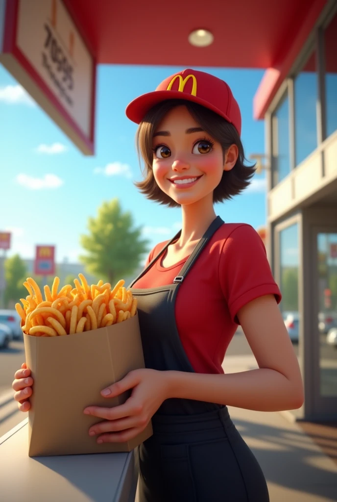 Context: A sunny day at the McDonald's drive-thru.
Character: A 50-year-old woman with short-cropped brown hair. She has a generous bust and wears the iconic McDonald's uniform, a red t-shirt and black apron, with a McDonald's cap.
Action: She holds a bag full of orders outwards, with a big smile on her face.
Style: Realistic, photo-realistic.