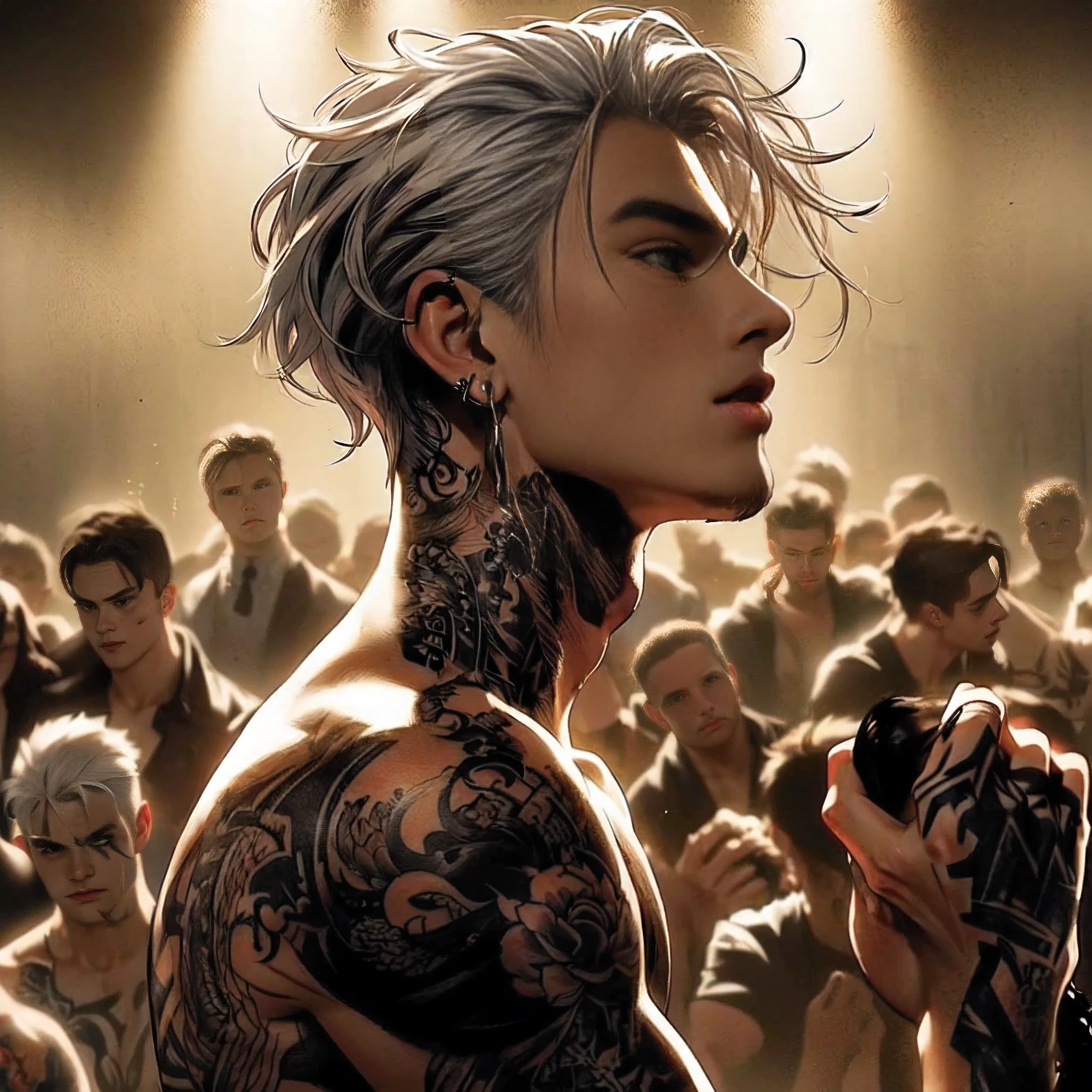 tattooed man, white haired, shirtless, wearing an earring, the background is an underground fight club, holding a black shirt, keep the artstyle, make his face bloodied like after fighting in a ring