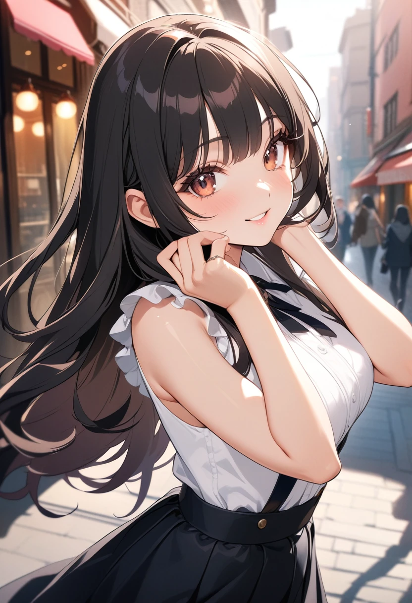 1 girl, detailed beautiful face, bangs, long hair, (charcoal black hair), shiny hair, beautiful eyes, (dark brown eyes), light reflecting in the eyes, (finely detailed beautiful eyes: 1.3), double eyelids, (eyelash: 1.2), (eye shadow: 1.2), smiling, medium breasts, cute pose, cowboy shot, look at the viewer,
black pleated skirt, sleeveless collared white shirt, frills, virgin killer outfit, jirai kei,
sunset, on the terrace of a fashionable cafe in the city, shallow depth of field,
((very detailed, ultra-high resolution, absurdres, highres, masterpiece, best quality, very aesthetic, fine texture, newest, perfect lighting, best shadow, sharp focus, high color saturation)), (anatomically correct, perfect hands), (professional photography), ((anime art style)),