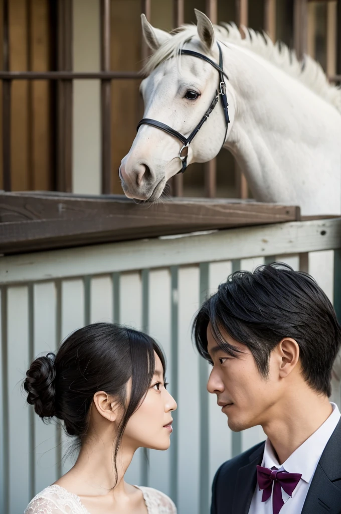 A dapper 40-year-old Japanese man and a slim, beautiful woman are facing each other, gazing into each other's eyes, with a white horse behind them.