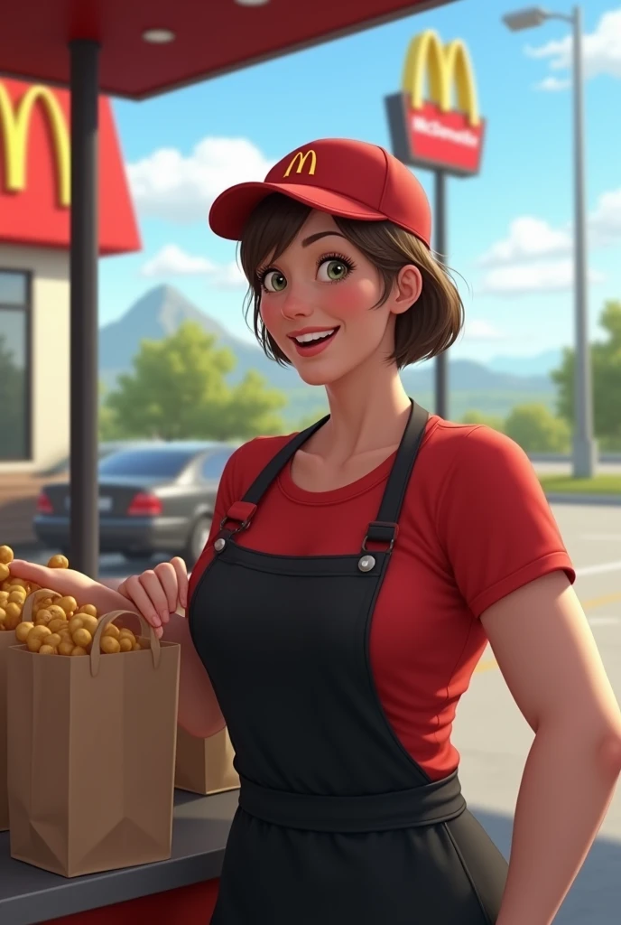Context: A sunny day at the McDonald's drive-thru.
Character: A 50-year-old woman with short-cropped brown hair. She has a generous bust and wears the iconic McDonald's uniform, a red t-shirt and black apron, with a McDonald's cap.
Action: She holds a bag full of orders outwards, with a big smile on her face.
Style: Realistic, photo-realistic.
