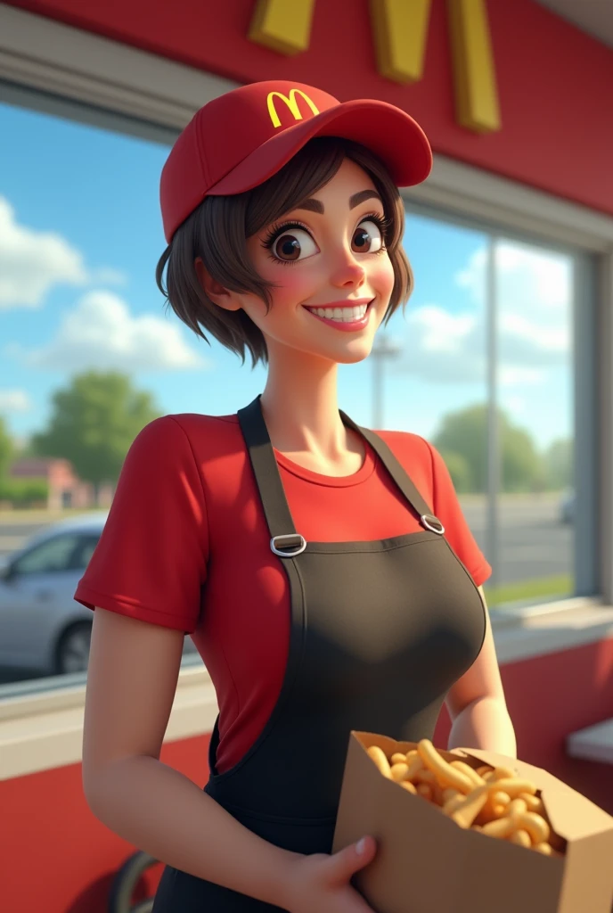 Context: A sunny day at the McDonald's drive-thru.
Character: A 50-year-old woman with short-cropped brown hair. She has a generous bust and wears the iconic McDonald's uniform, a red t-shirt and black apron, with a McDonald's cap.
Action: She holds a bag full of orders outwards, with a big smile on her face.
Style: Realistic, photo-realistic.