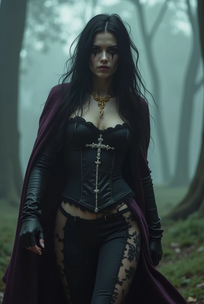 Huntress as a medieval thief, white woman, black hair with a streak in her face, wearing a black medieval corset with a large white cross in the middle, medieval high waisted lace pants with side slit, dark purple wool cape, a golden necklace with a small crucifix around her neck, pointing a medieval beast forward, in a forest with some fog, cinematic lighting, cinematic angle, best quality, masterpiece, perfect anatomy, highres, ultra-detailed, 8k, detail, unique, aesthetics, HDR, Photorealistic, Hyperrealistic, Hyperdetailed, analog style, soft lighting, subsurface scattering