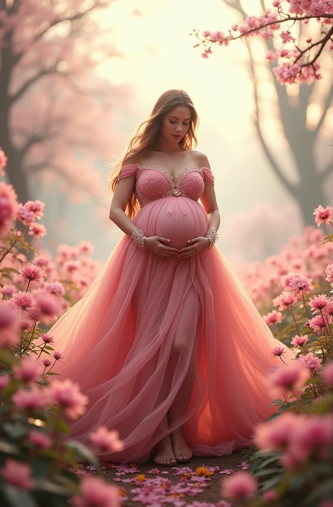 pregnant woman in pink dress standing in a field of flowers, a picture by Arthur Pan, pixabay contest winner, fantasy art, maternal photography 4 k, dressed in a pink dress, wearing pink floral gown, lady with glowing flowers dress, full body portrait shot, in pink forest, pregnant belly, very magical and dreamy, pregnancy, full body picture, soft elegant gown
