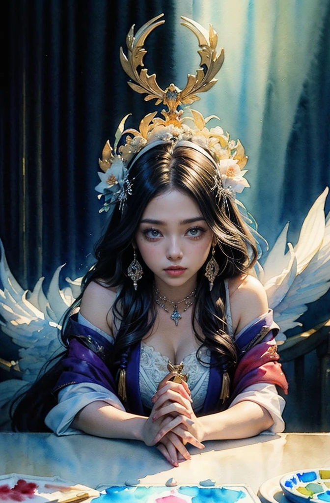 (Tabletop, Highest qualityの, Highest quality, Official Art, (beautifully、aesthetic:1.4), (Watercolor:1.4) ), (Izanami 1.5), 日本のgod話の女god, Majestic beauty, 創造の女god、生命の女god、Typically、((((Typically))))、Reincarnation Support, god&#39;Grace, Gentle and meditative expressions, Flowing, celestial garments, Shine、Created all the landscapes and worlds on Earth, A dazzling dance of light, Whispers of Ancient Legends,