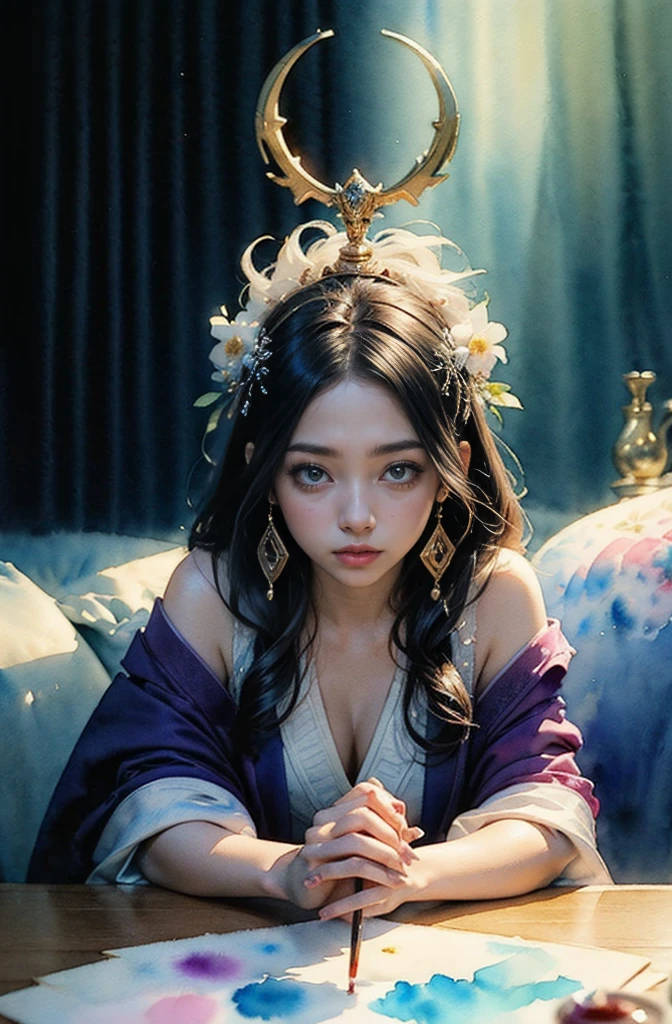 (Tabletop, Highest qualityの, Highest quality, Official Art, (beautifully、aesthetic:1.4), (Watercolor:1.4) ), (Izanami 1.5), 日本のgod話の女god, Majestic beauty, 創造の女god、生命の女god、Typically、((((Typically))))、Reincarnation Support, god'Grace, Gentle and meditative expressions, Flowing, celestial garments, Shine、Created all the landscapes and worlds on Earth, A dazzling dance of light, Whispers of Ancient Legends,
