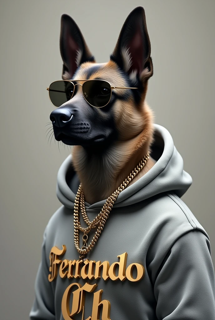 German Shepherd dog with grey hoodie and sunglasses. And gold chains that say Fernando Ch. In large chain