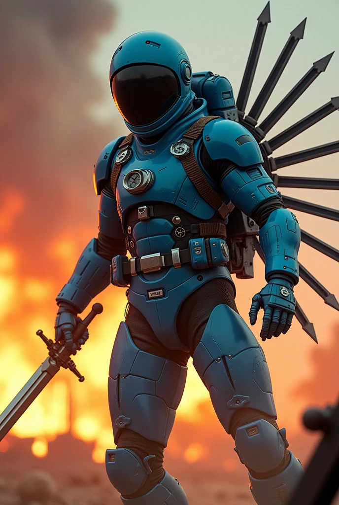 cyan colored male astronaut in a black helmet with ten sword on his back killing a robot with a fire background