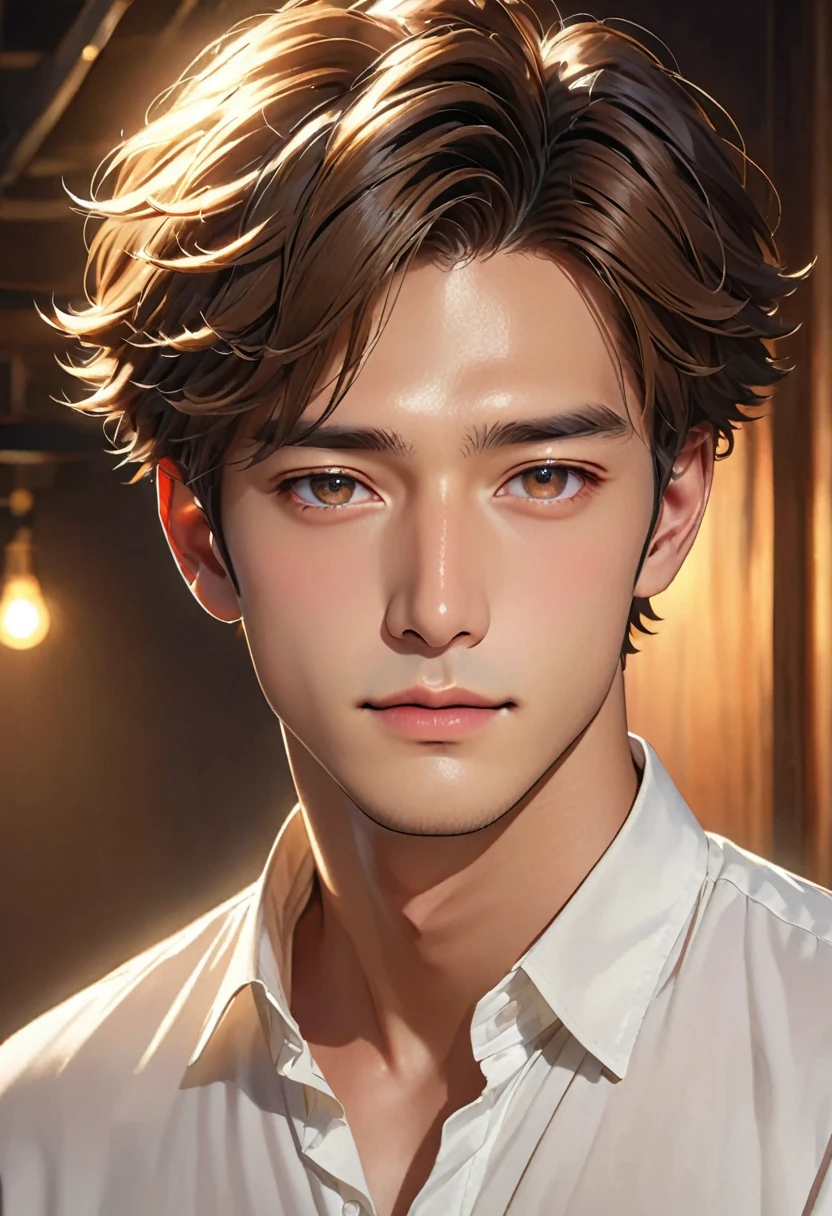1peopleのmale性, White shirt、short hair、male、Fluffy hair, Beautiful illustrations, (Natural Side Lighting, Cinema Lighting), Detailed and perfect face, Glowing Skin, Baby Face,Brown Hair, black eye, Long eyelashes, ,Beautiful Hair, Beautiful Face, Beautiful body,maleのpeople１people、Upper body portrait、28歳のmale、cool、Handsome、Highest quality