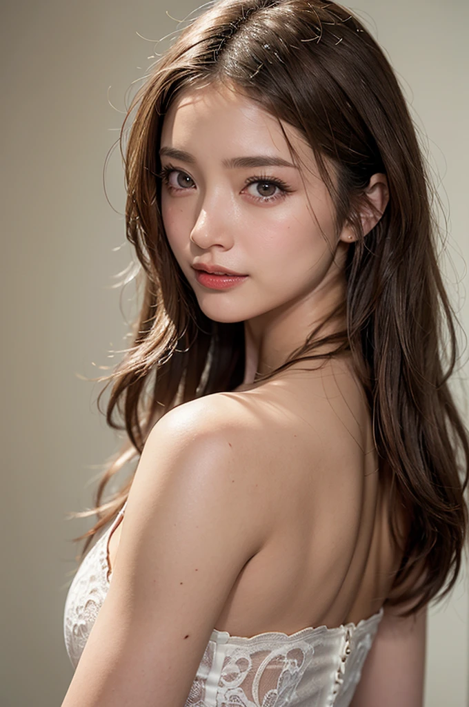 (RAW Photos, Highest quality), (Realistic, photo-Realistic:1.3),Highest quality,Very detailed,masterpiece,Very detailed,figure,One girl,upper_body,Dynamic Angle,world masterpiece theater,Messy_length_hair,Highest quality,Very detailed CG ユニティ 8k 壁紙,ink,wonderful,Cinema Lighting,lens_Flare,,Dunhuang_style、(Light brown wavy hair:1.8)、White bra:1.8、Spring-like colors、Ultra-high resolution face、超高解像度のhair、Ultra-high resolution sparkling eyes、Ultra high resolution glossy lips、The best smile:1.5,long and voluminous lashes:1.8,Facing forward:1.5,Voluminous wavy hair
