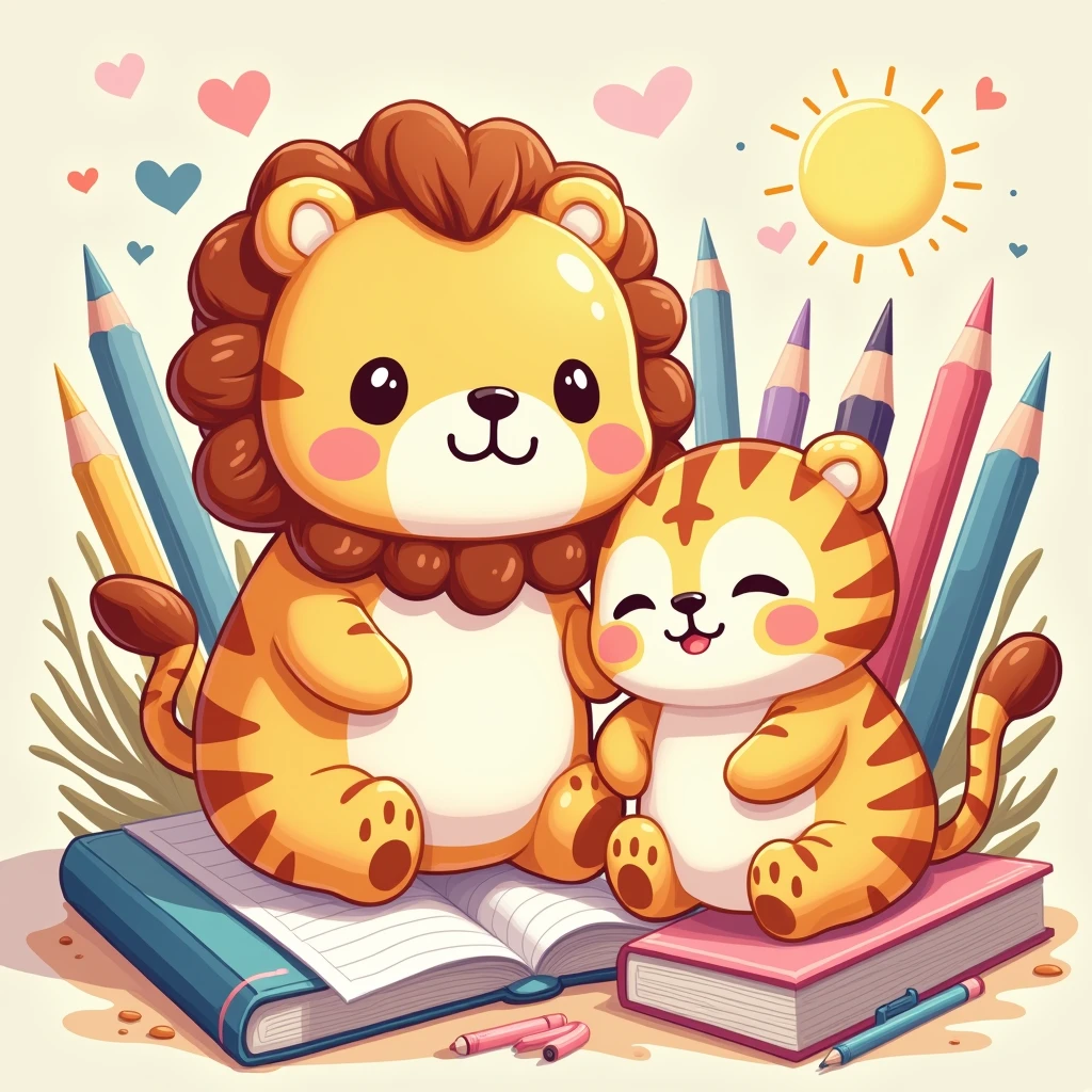 Make a beautiful spectacular illustration in 4k The illustration should feature stationery objects (as colored pencils, pens, notebooks) and two cartoon-style Squishmallows.
The first Squishmallow is a cute happy lion, with vibrant colors and details reminiscent of a teddy bear, with a rounded and cozy shape.
The second Squishmallow is a tigress, also with a plush appearance and with cute and delicate features.
Both Squishmallows are in different situations/places that suggest a school fun vibe.
Art must have an organic distribution, suitable for shirt printing, avoiding rigid rectangular shapes.
Below this scene, inclua o texto “Paint your world with joy,” styled in a fun and colorful way, with the font color transitioning from pink at the top to yellow at the bottom, imitating a sunset.
The overall art should evoke a sense of school nostalgia and the joy of drawing., reflecting the theme of a high school summer.