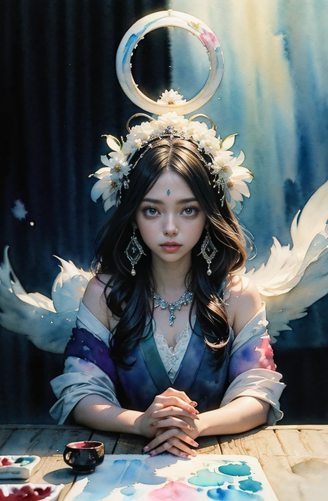 (Tabletop, Highest qualityの, Highest quality, Official Art, (beautifully、aesthetic:1.4), (Watercolor:1.4) ), (Izanami 1.5), 日本のgod話の女god, Majestic beauty, 創造の女god、生命の女god、Typically、((((Typically))))、Reincarnation Support, god'Grace, Gentle and meditative expressions, Flowing, celestial garments, Shine、Created all the landscapes and worlds on Earth, A dazzling dance of light, Whispers of Ancient Legends,