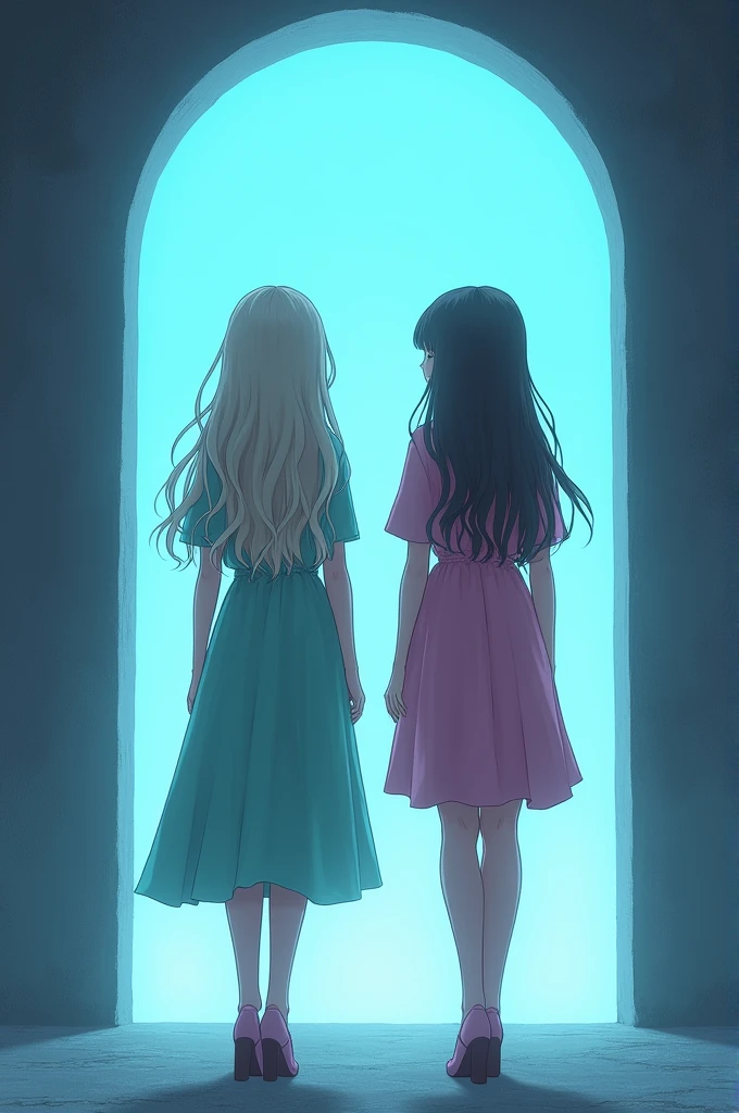 I want my image to show two sisters, one  and the other , with their backs turned as if they were entering a light blue portal-type door. The 1 sister has long wavy hair down to her elbows and is wearing a water-green dress that reaches below her knees, and the  sister has long, straight hair down to her elbows and with bangs, she is wearing a pink dress that reaches below her knees. 