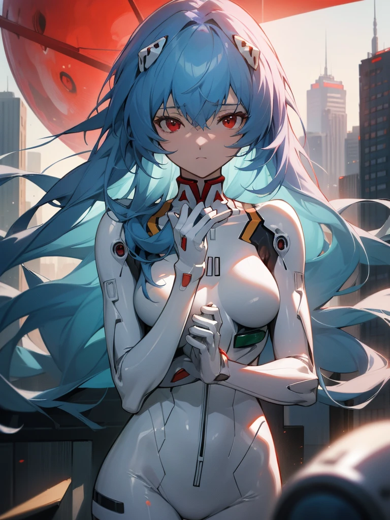 Rayanami, Rei Ayanami, Blue Hair, Long Hair, (Red eyes:1.5),
break bodysuit, headgear, Plug Suit, White bodysuit,
break outdoors, city,
break looking at viewer,
break (masterpiece:1.2), Highest quality, High resolution, unity 8k wallpaper, (figure:0.8), (Beautiful attention to detail:1.6), Highly detailed face, Perfect lighting, Highly detailed CG, (Perfect hands, Perfect Anatomy),