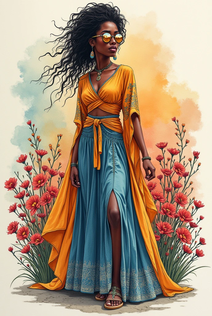 "Full body, water colors, ink drawing, beautiful cyberpunk Sudanese woman, wearing smart digital sunglasses, clean defined delicate features, stylish bohemian top and long skirt, colorful floral background, in the style of Al