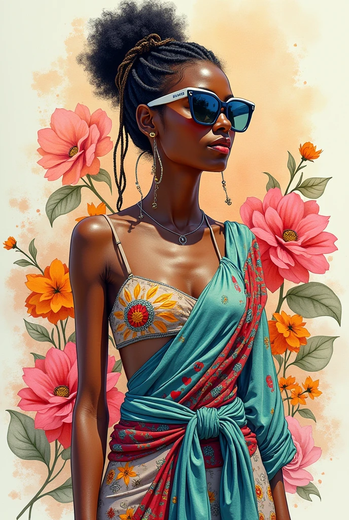 "Full body, water colors, ink drawing, beautiful cyberpunk Sudanese woman, wearing smart digital sunglasses, clean defined delicate features, stylish bohemian top and long skirt, colorful floral background, in the style of Al