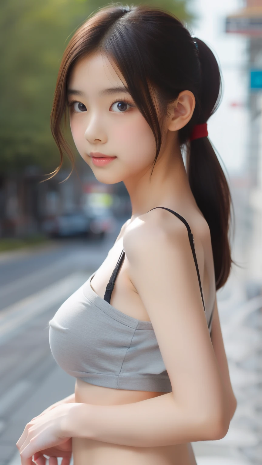best quality, High resolution, Pretty Face, Ponytail, Loose chest strapless T-shirt, Beautiful small breasts , Smooth belly, (Lean forward:1.2), 8k, Digital SLR Camera