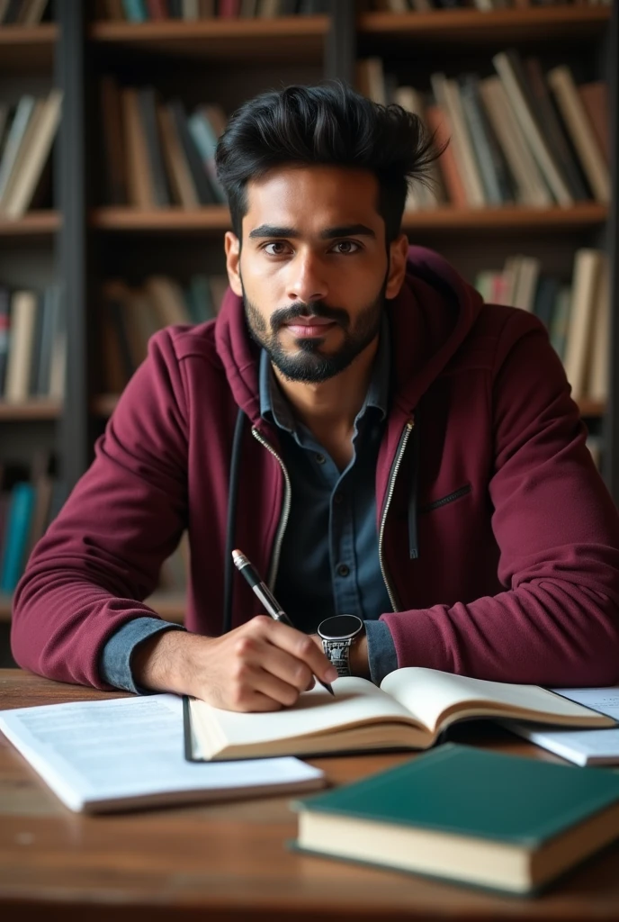 A boy of 20 year old with good physique and wheatish color of Indian style in mehroon jacket and Black denim jeans studying on table with some books and front facing for giving pose for Photo