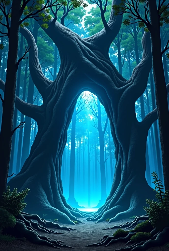 a dark forest, with very tall trees where a black and mystical portal is generated with the trunks and branches of some trees, The light that permeates the environment is blue