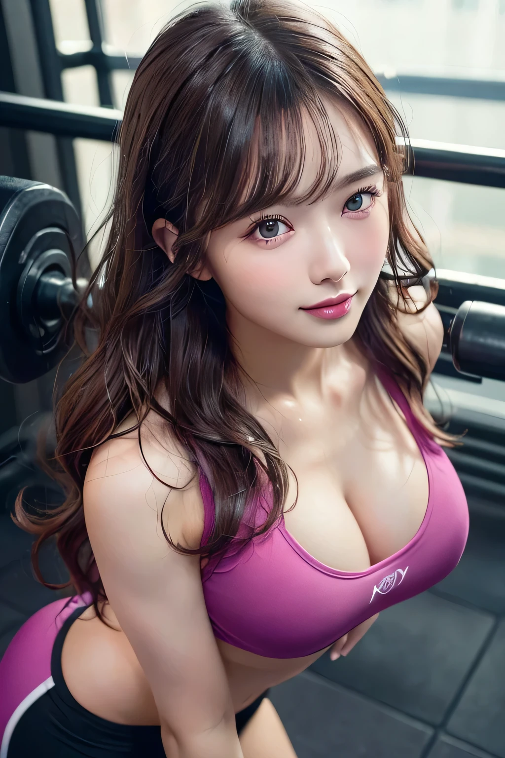 (high Angle)), (rolling), beautiful woman, laughing, (highest quality, 8k, Award-winning work, ultra high resolution), gym, ( fuchsia tight training wear), full body, beautiful detailed eyes, beautiful detailed lips, extremely detailed face, (best quality , masterpiece, ultra high res), (photo realistic:1.3), Beautiful Women with Perfect Figure:1.3, Slender Abs:1.2, huge breasts, (((Long Wavy Hair)), Highly Detailed Face and Skin Texture, wet, Training in a fitness gym,