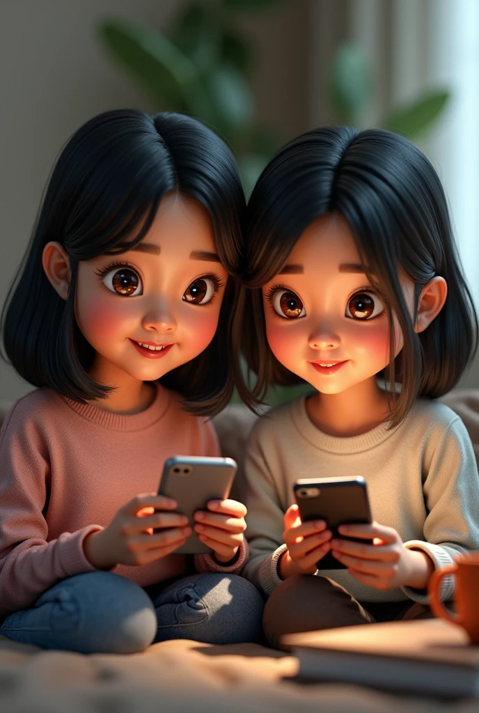 a detailed 3D caricature of two Indonesian teenage sisters, one slightly chubby, both absorbed in their gadgets, with their short-haired mother nearby looking upset and angry, (best quality,4k,8k,highres,masterpiece:1.2),ultra-detailed,(realistic,photorealistic,photo-realistic:1.37),1girl,1girl chubby face,beautiful detailed eyes,beautiful detailed lips,extremely detailed eyes and face,longeyelashes,gadget,mother short hair upset,caricature,realistic
