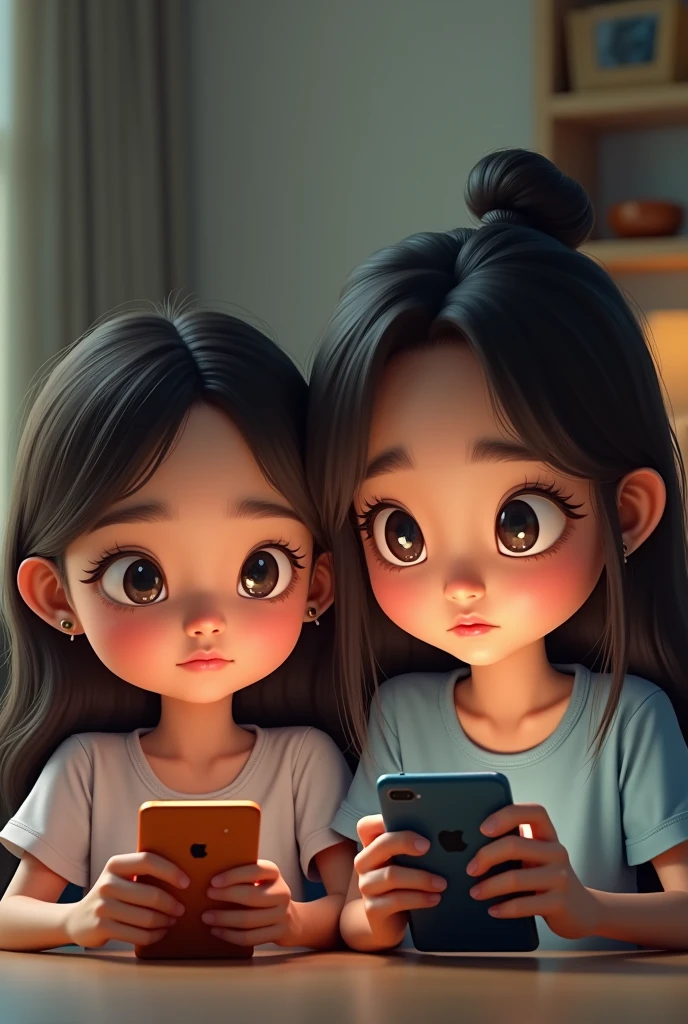 a detailed 3D caricature of two Indonesian teenage sisters, one slightly chubby, both absorbed in their gadgets, with their short-haired mother nearby looking upset and angry, (best quality,4k,8k,highres,masterpiece:1.2),ultra-detailed,(realistic,photorealistic,photo-realistic:1.37),1girl,1girl chubby face,beautiful detailed eyes,beautiful detailed lips,extremely detailed eyes and face,longeyelashes,gadget,mother short hair upset,caricature,realistic