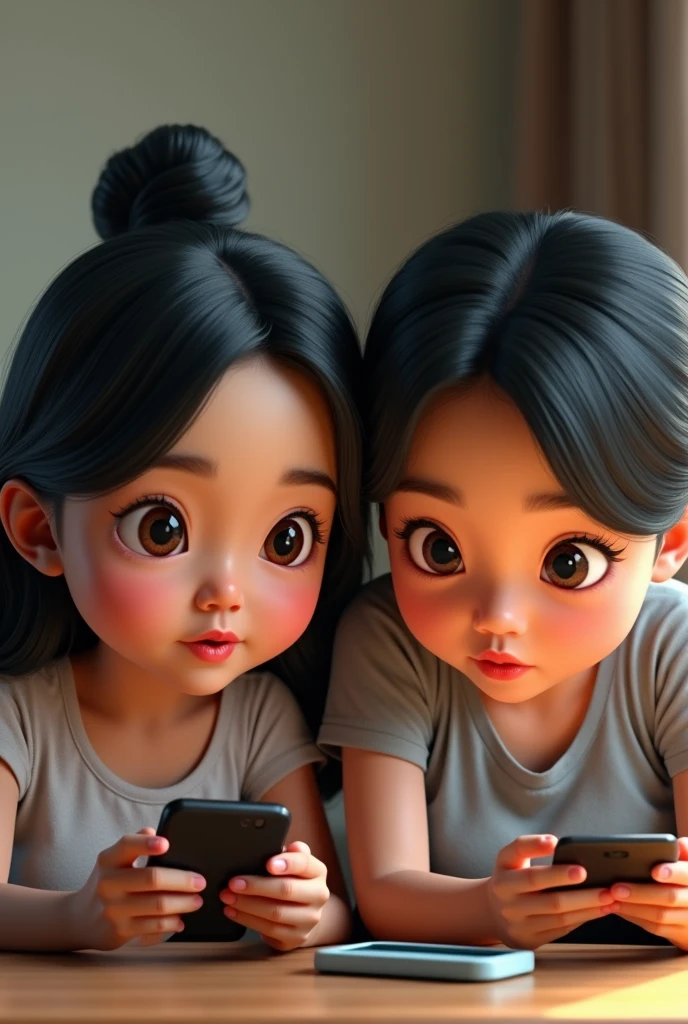 a detailed 3D caricature of two Indonesian age sisters, one slightly chubby, both absorbed in their gadgets, with their short-haired mother nearby looking upset and angry, (best quality,4k,8k,highres,masterpiece:1.2),ultra-detailed,(realistic,photorealistic,photo-realistic:1.37),1girl,1girl chubby face,beautiful detailed eyes,beautiful detailed lips,extremely detailed eyes and face,longeyelashes,gadget,mother short hair upset,caricature,realistic