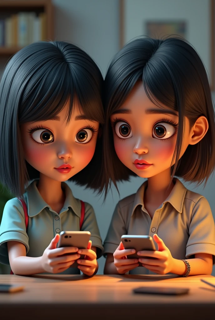 a detailed 3D caricature of two Indonesian teenage sisters, one slightly chubby, both absorbed in their gadgets, with their short-haired mother nearby looking upset and angry, (best quality,4k,8k,highres,masterpiece:1.2),ultra-detailed,(realistic,photorealistic,photo-realistic:1.37),1girl,1girl chubby face,beautiful detailed eyes,beautiful detailed lips,extremely detailed eyes and face,longeyelashes,gadget,mother short hair upset,caricature,realistic