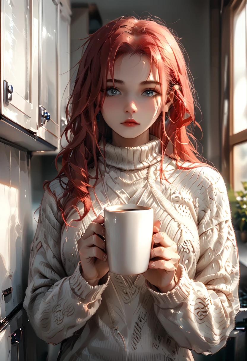 closeup, portrait, LeannaDecker, ((wearing sweater)), inside, portrait, kitchen, holding coffee mug, winter fire, eyes open, best quality, upper body, by lee jeffries nikon d850 film stock photograph 4 kodak 400 camera f1.6 lens rich colors hyper realistic lifelike texture natural lighting unreal engine trending on artstation cinestill 800, (100mm lens), long hair,, red hair 