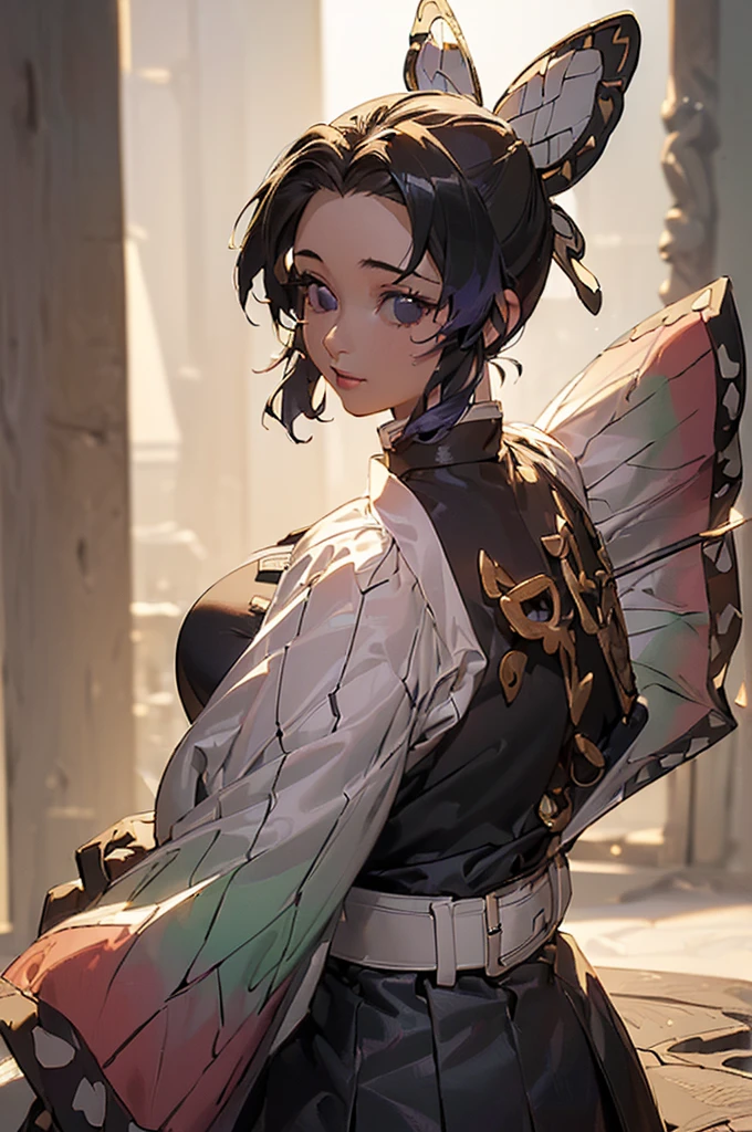 ((((High resolution, Intricate details, masterpiece, 8k, from front)))), (((beautiful, samurai, armor))), ((In the town, One Woman, Big Breasts, Large Breasts, Huge Saggy Tits)), (Black Hair, Beautiful forehead, Long Hair, ponytail, Big ribbon, Glowing Skin), from front, looking at viewer, look at viewer, pub, bright,