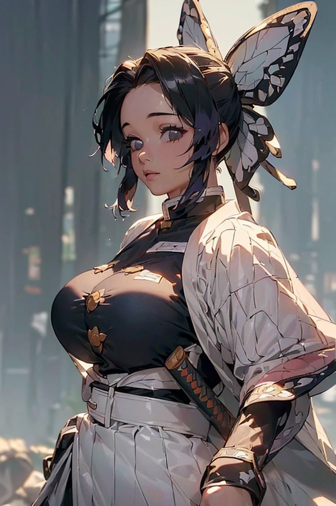 ((((High resolution, Intricate details, masterpiece, 8k, from front)))), (((beautiful, samurai, armor))), ((In the town, One Woman, Big Breasts, Large Breasts, Huge Saggy Tits)), (Black Hair, Beautiful forehead, Long Hair, ponytail, Big ribbon, Glowing Skin), from front, looking at viewer, look at viewer, pub, bright,