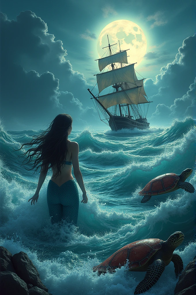 A beautiful mermaid emerging from the sea, watching a sailing ship sinking in a stormy sea, with a full moon and sea turtles in the background, highly detailed, photorealistic, 8k, dramatic lighting, cinematic, fantasy art, hyperrealistic, vibrant colors, dramatic composition