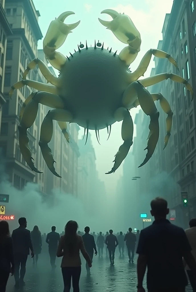 horror scene from a movie, many giant tall scary crab figures semi transparent apparitions floating and flying, smoke on the floor, in city street, running crowd running away
