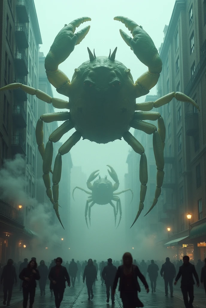horror scene from a movie, many giant tall scary crab figures semi transparent apparitions floating and flying, smoke on the floor,  in city street, running crowd running away
