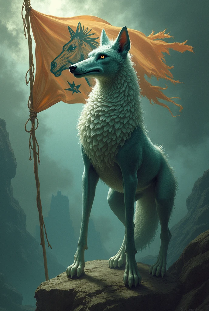 A wolf and a seahorse with a horse&#39;s head flag 