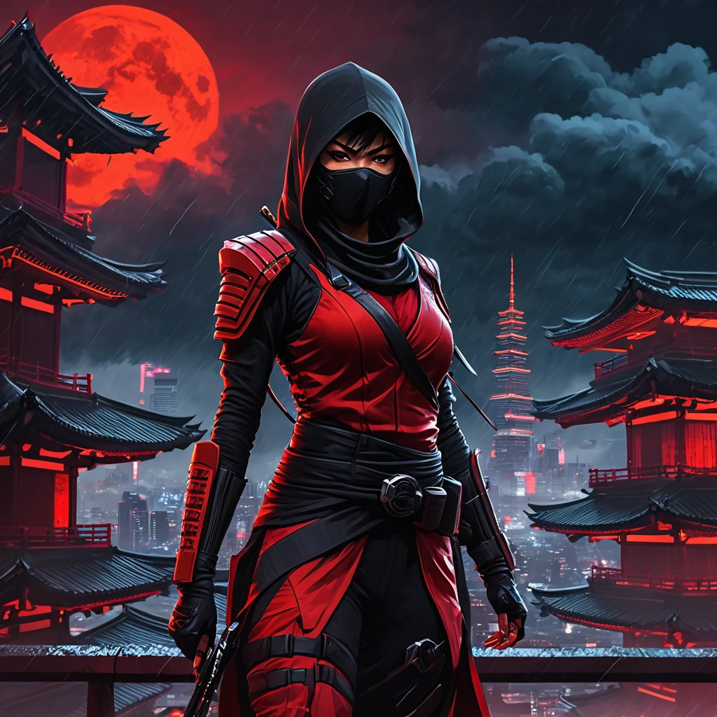 a female assassin ninja in red and black ninja outfit, at night, black and red buildings , dark foggy sky, cyberpunk, fluorescent light, dynamic color palettes, red sky, red clouds, red moon, ominous weather, raining, anime inspired, hybrid art, (hyperrealism:0. 5)