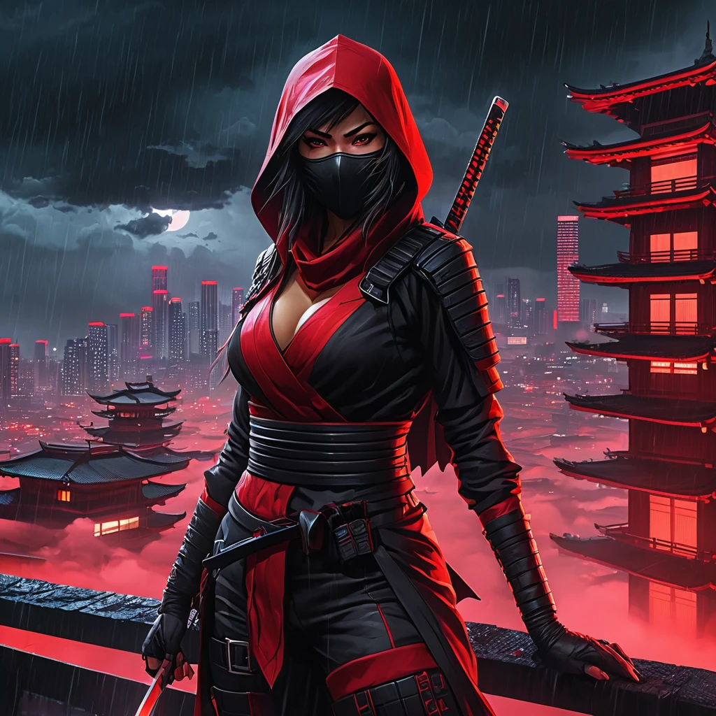 a female assassin ninja in red and black ninja outfit, at night, black and red buildings , dark foggy sky, cyberpunk, fluorescent light, dynamic color palettes, red sky, red clouds, red moon, ominous weather, raining, anime inspired, hybrid art, (hyperrealism:0. 5)