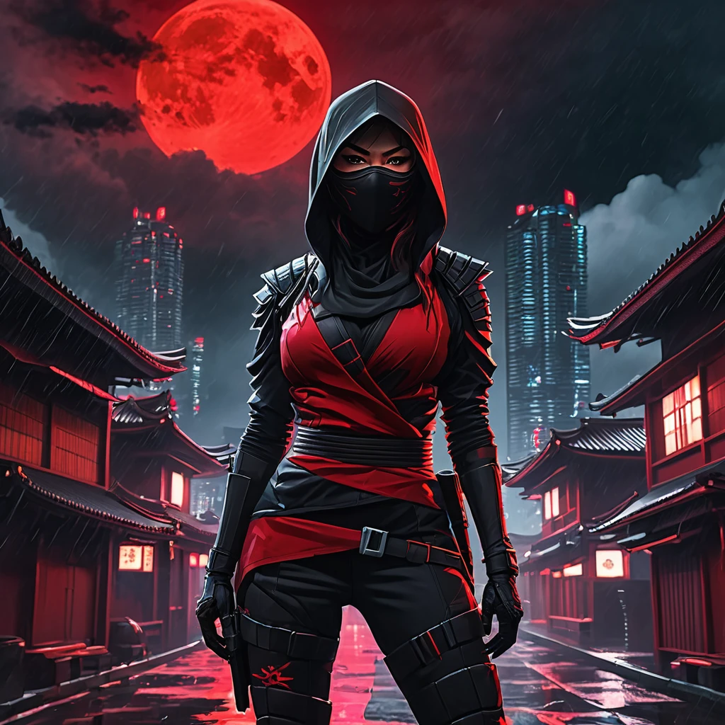 a female assassin ninja in red and black ninja outfit, at night, black and red buildings , dark foggy sky, cyberpunk, fluorescent light, dynamic color palettes, red sky, red clouds, red moon, ominous weather, raining, anime inspired, hybrid art, (hyperrealism:0. 5)
