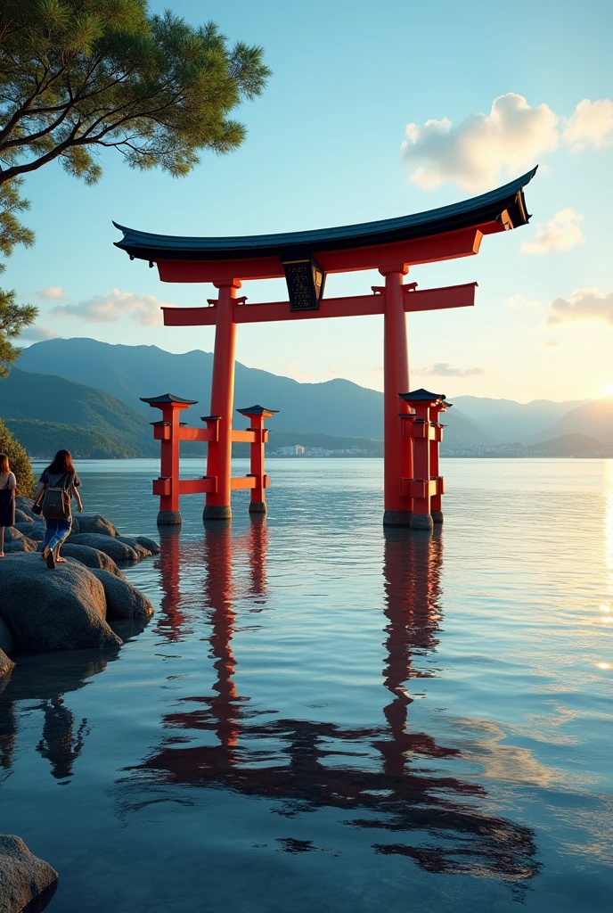 A landscape depicting Itsukushima Shrine in Hiroshima。The large vermilion torii gate floating on the calm sea is the symbol of the shrine.、Blue sky and green mountains々It stands out vividly against the background of。Calm waves spread out in front of the torii gate.、When the tide goes out, the tidal flats appear and you can walk right up to the torii gate.。The shrine corridor stretches along the sea.、Visitors々is walking slowly while enjoying the beautiful scenery.。Behind、There is a main shrine where history and nature coexist in harmony.、There is a solemn atmosphere。In the evening、The torii gate and shrine are illuminated by the setting sun.、A fantastic landscape unfolds alongside the golden sea.。