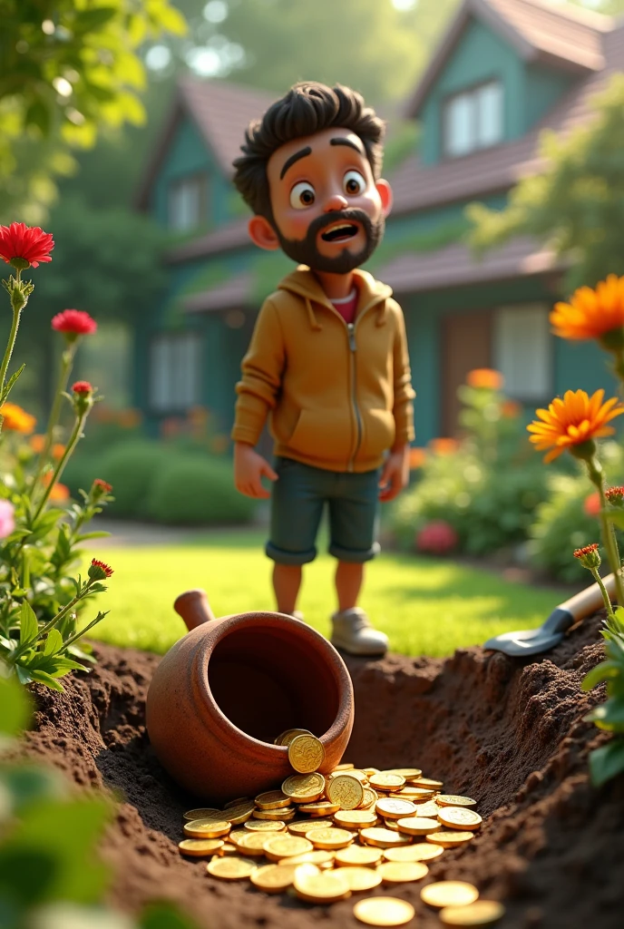 
The new homeowner discovers a clay pot filled with gold coins while digging in the yard. The scene is set in a lush garden with a small shovel and disturbed earth.