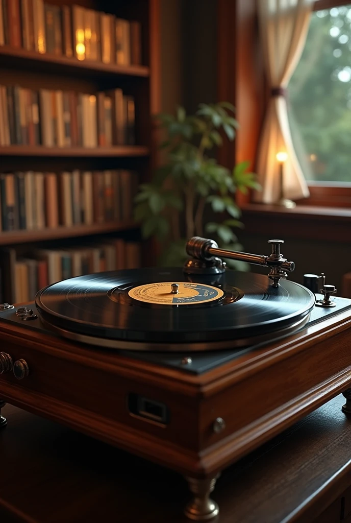 A record player and a vinyl record playing