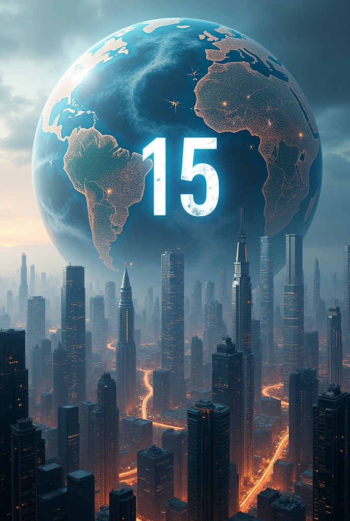 Number 15 above the large globe spread with cities in the urban jungle number 43555