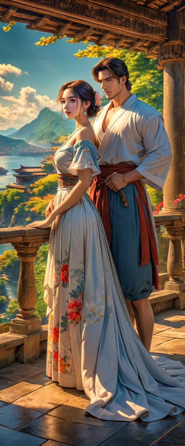 Masterpiece, HDR, 8K, couple of man and woman, handsome and pretty, aesthetic pose, ancient vibes, the man sees the woman from a distance