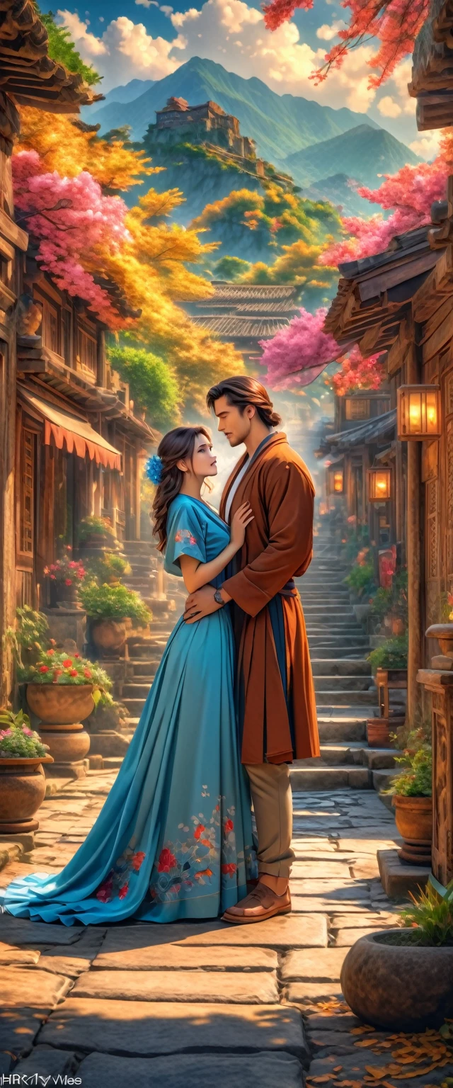 Masterpiece, HDR, 8K, couple of man and woman, handsome and pretty, aesthetic pose, ancient vibes, the man sees the woman from a distance