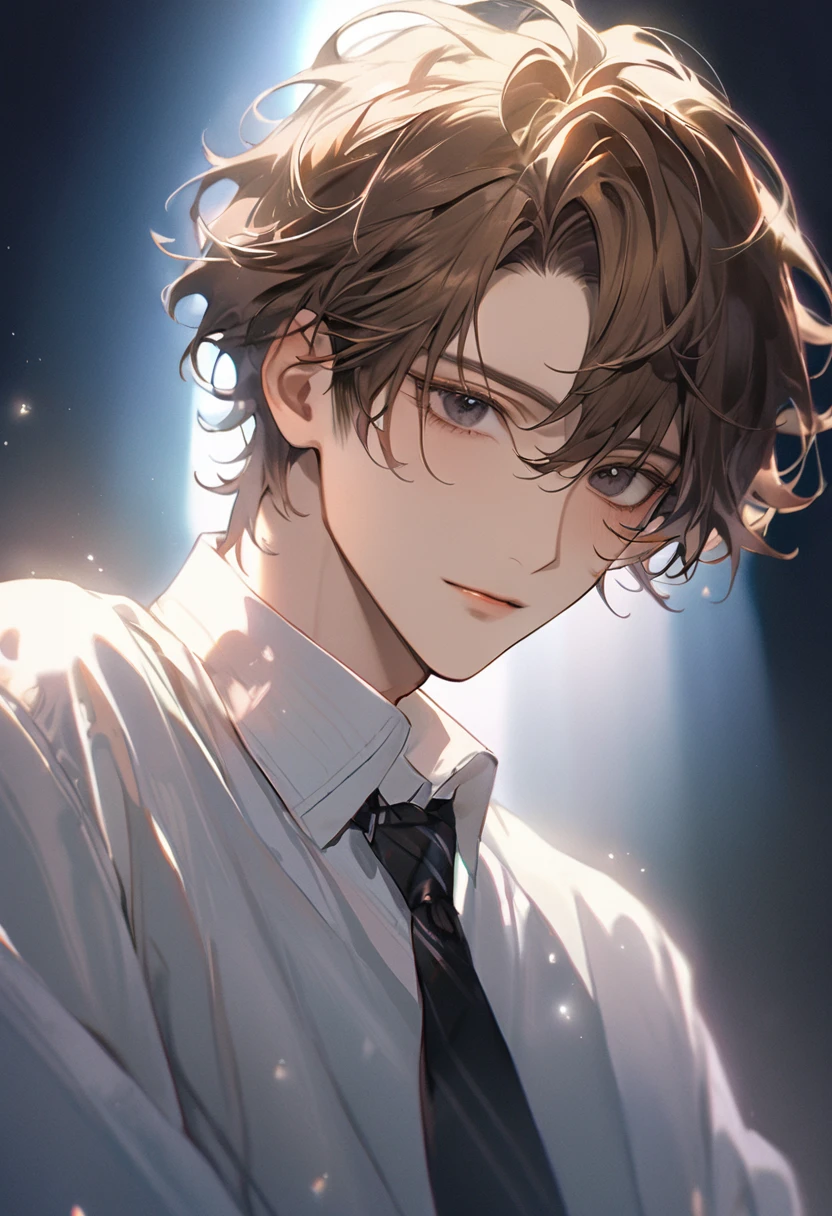 1peopleのmale性, White shirt、tie、short hair、male、Fluffy hair, Beautiful illustrations, (Natural Side Lighting, Cinema Lighting), Detailed and perfect face, Glowing Skin, Baby Face,Brown Hair, black eye, Long eyelashes, ,Beautiful Hair, Beautiful Face, Beautiful body,maleのpeople1people、25歳のmale、cool、Handsome、Highest quality