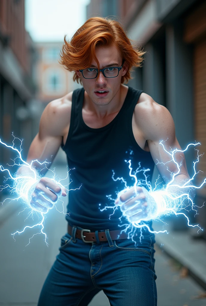 (raw photo, best quality) , (Realistic, photo-realistic: 1.4), extremely formidable overall plan, masterpiece, ultra-detailed, high resolution, best illustration, best shadow, complex, depth of field, 20 year old young man (photorealistic style), he has wavy red hair, his eyes are all white and bright, he has rectangular glasses, he wears a black tank top and blue jeans, he has lightning flashes that run through his body white his arms and hands, he has electric flashes that surround his fists (detailed fist), it is in a fighting position, it is clenching the teeth, it is in an urban environment, photorealist style, Photorealist style 8k, DSLR, high quality, (grain of film: 1.4), Fujifilm XT3,