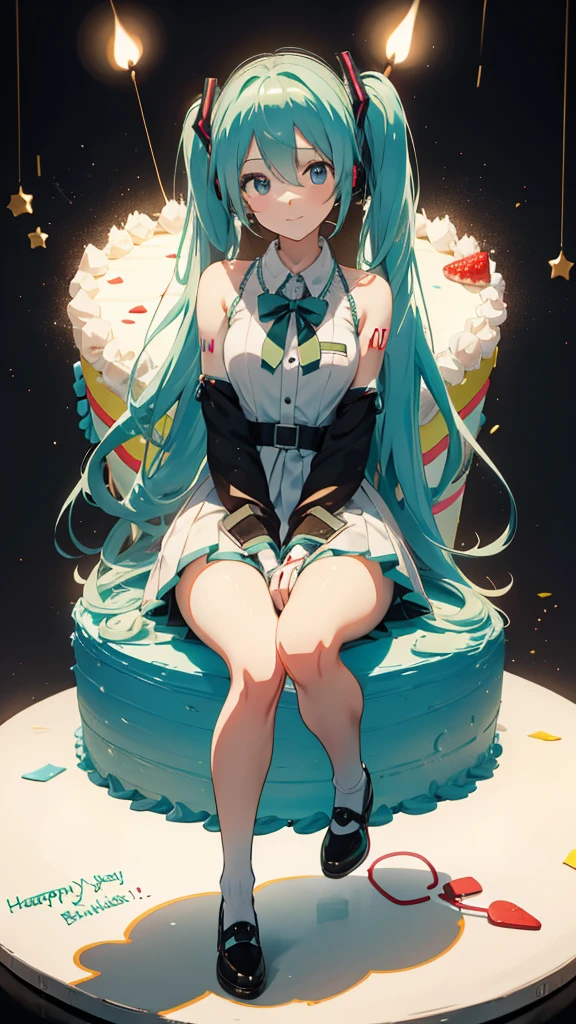 Hatsune Miku sitting on a giant creamy birthday cake，A birthday cake is lit by colorful birthday candles，happy birthday，smile，Exquisite facial features，A sophisticated eye，A kind and shy face，A uniquely beautiful girl，Advanced Sense，Hold strawberries between the buttocks