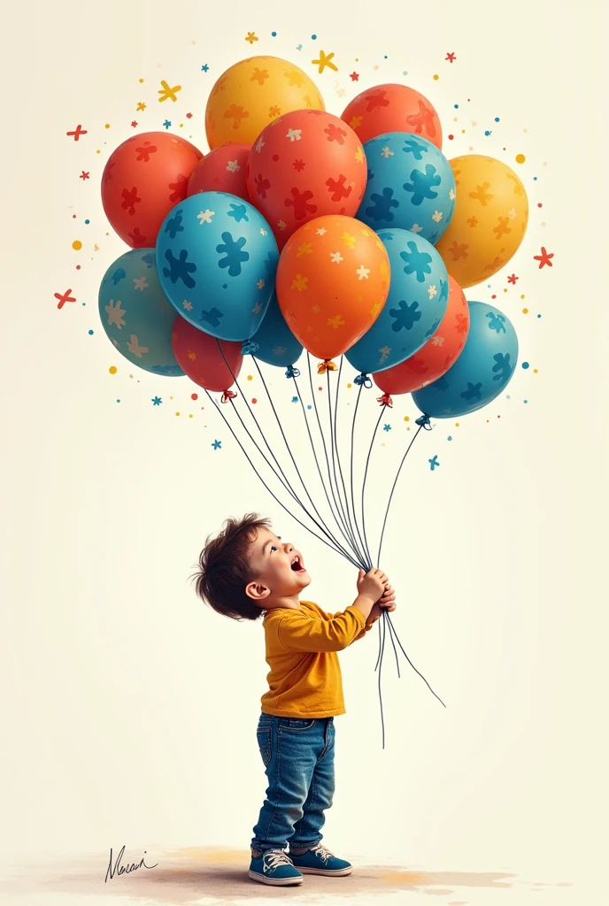 A photo of a child holding balloons, and these balloons are colored with blue puzzle shapes, yellow and red, and that has a well-drawn name in the background Marcus Benicio